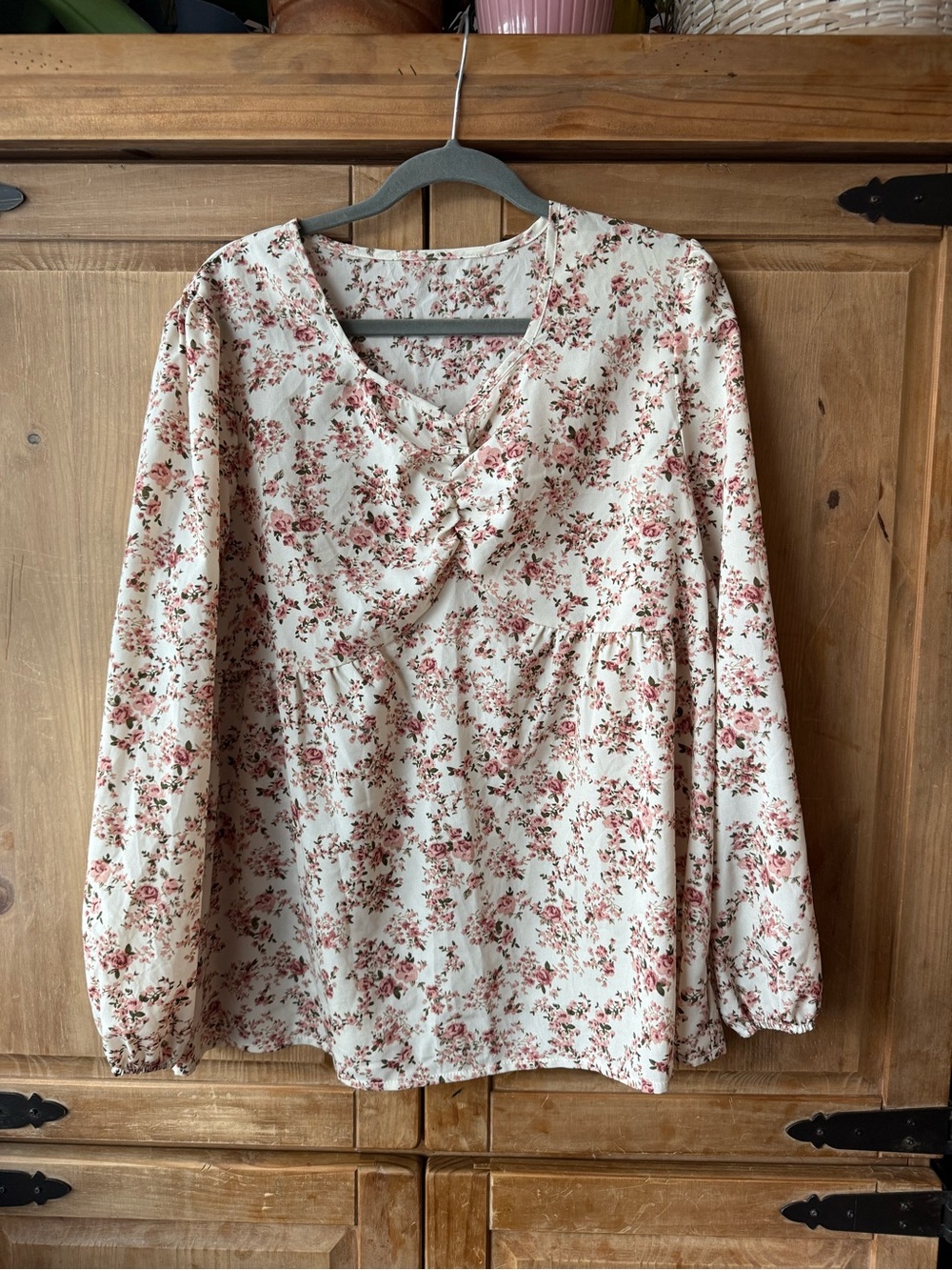 Floral V-Neck Long-Sleeve Blouse - Cream with Pink Floral